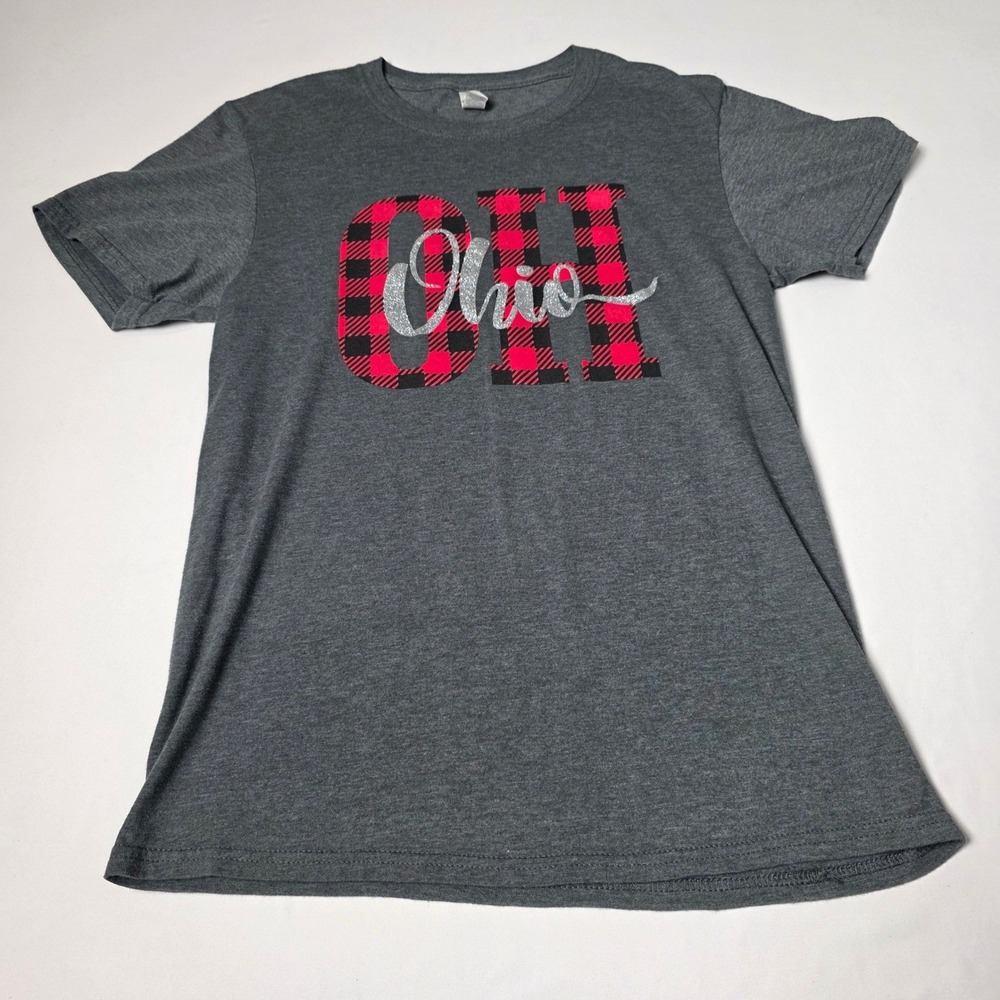 Jerzees Ohio State Graphic T-Shirt Women S Buffalo Plaid Glitter Short Sleeve